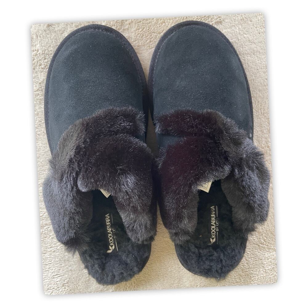 Koolaburra by UGG Women's Black Slip-On Suede Slippers Size 8 Fur Trim